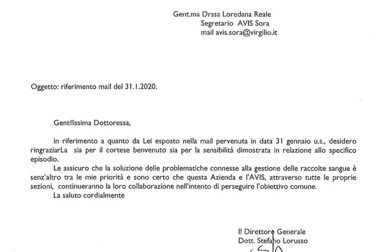 Il Direttore Generale della ASL Risponde alla nota del nostro Segretario Dott.ssa Reale Loredana e Ringrazia L’AVIS di SORA.